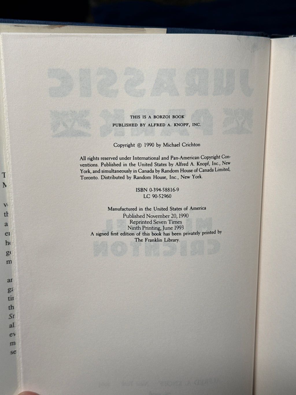 Jurassic Park – Michael Crichton | Borzoi Knopf Hardcover | 9th Printing 1993 | Dust Jacket