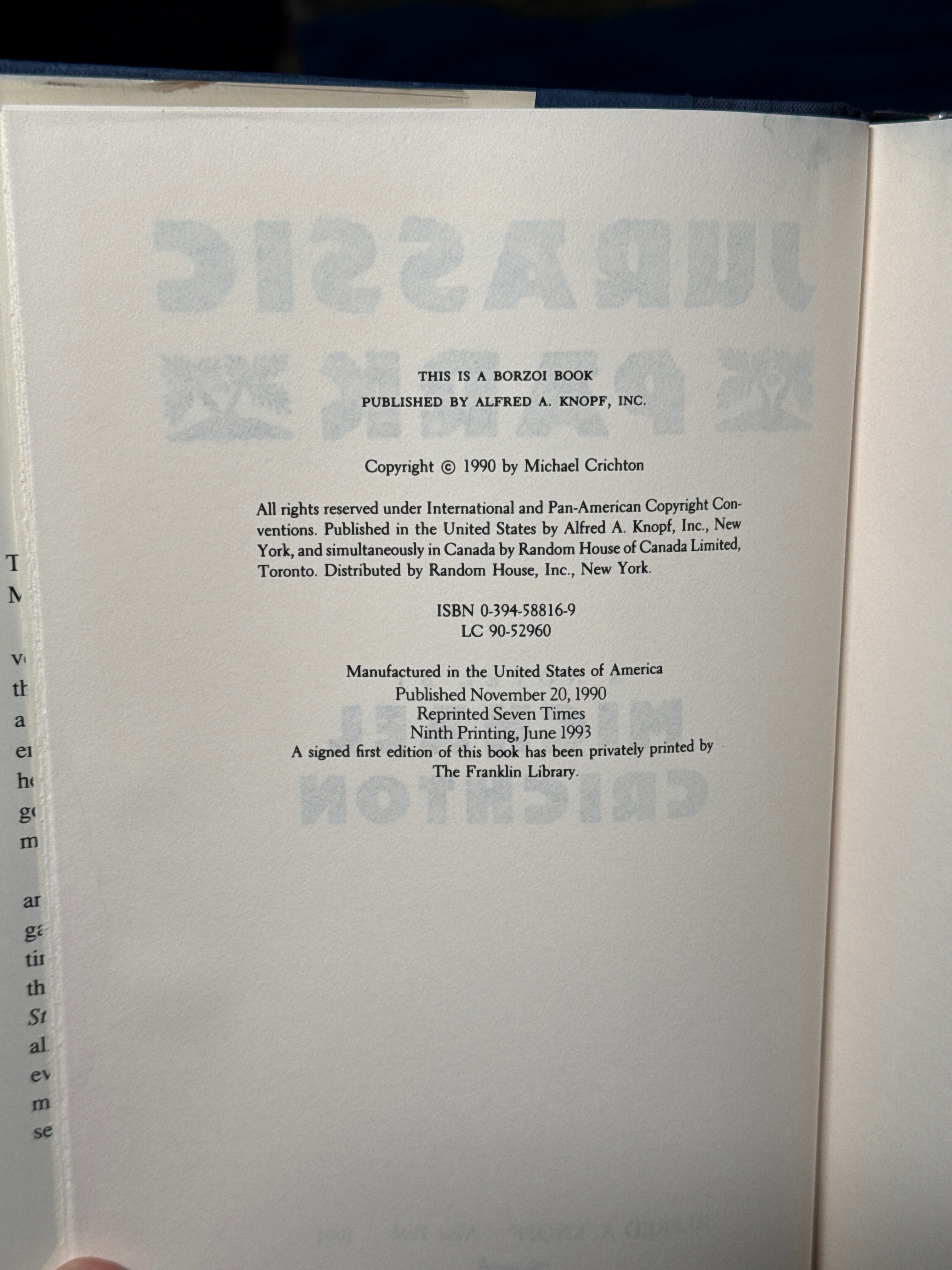 Jurassic Park – Michael Crichton | Borzoi Knopf Hardcover | 9th Printing 1993 | Dust Jacket
