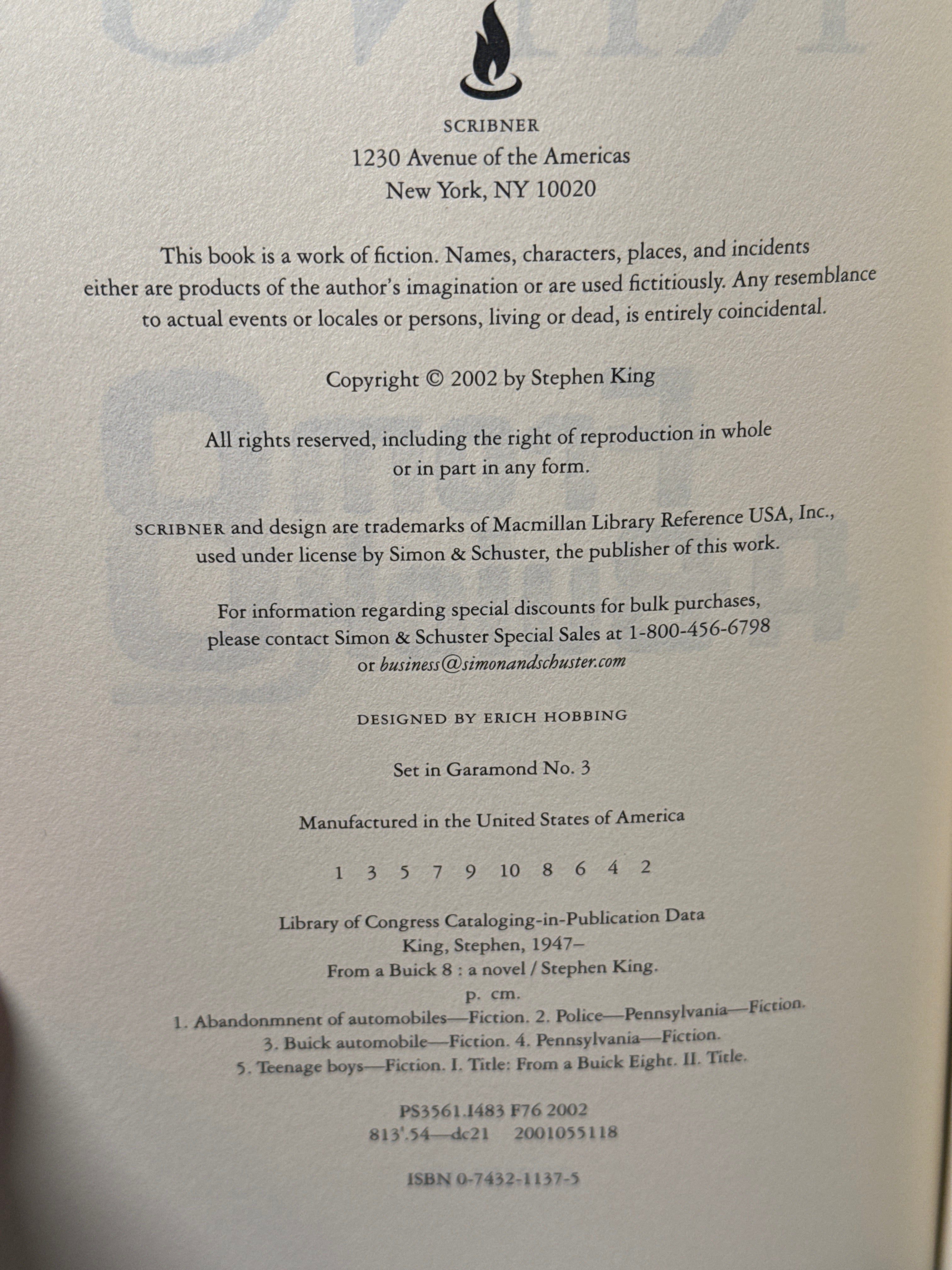 From a Buick 8 — Stephen King — 2002 First Edition, First Printing — Scribner — Supernatural Horror Collectible Hardcover