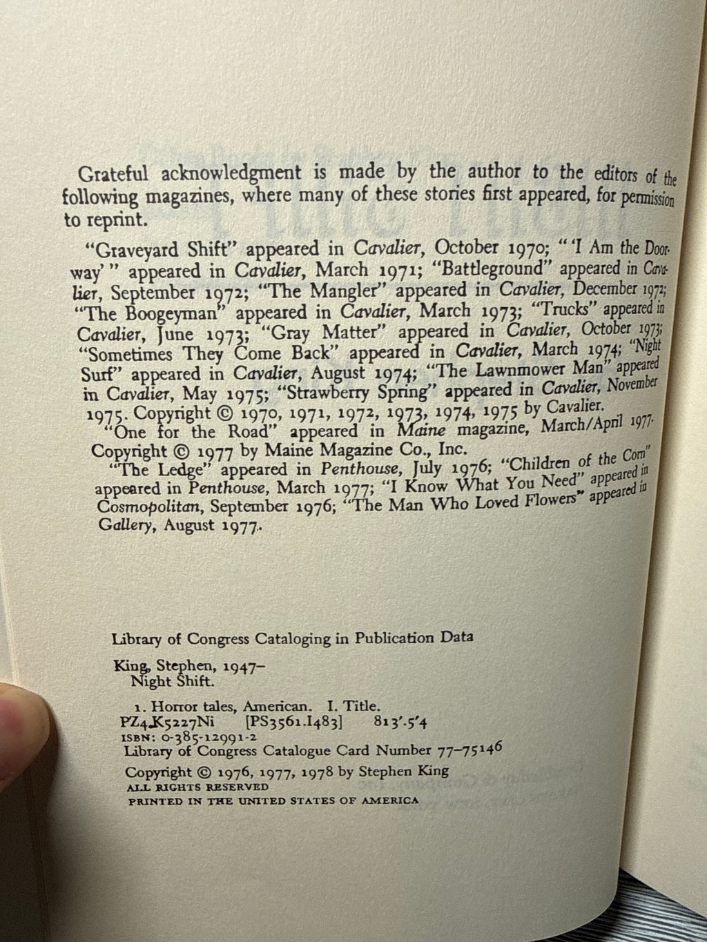 NIGHT SHIFT – Stephen King – 1978 First Edition Book Club Edition – No Price on Dust Jacket