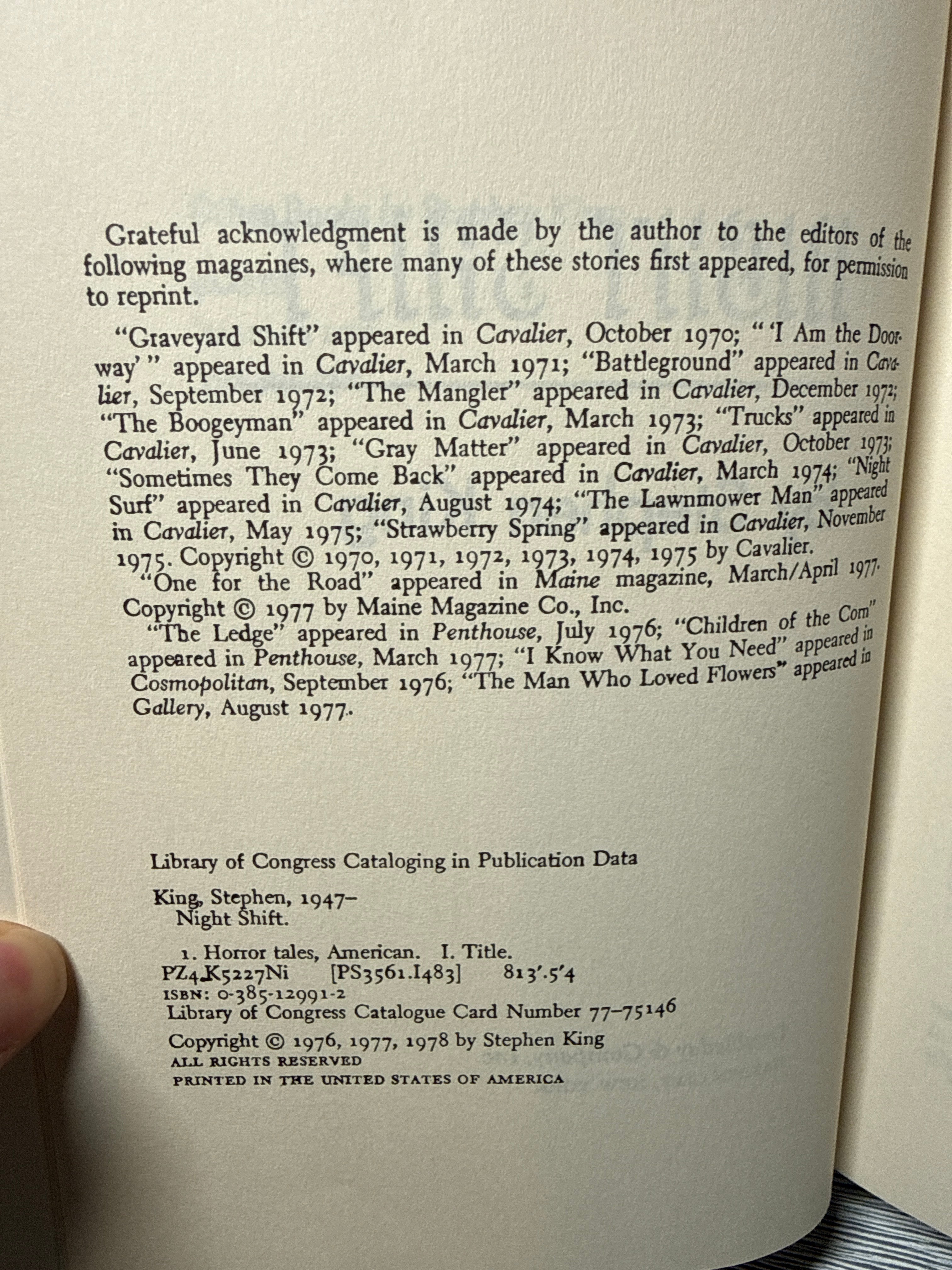 NIGHT SHIFT – Stephen King – 1978 First Edition Book Club Edition – No Price on Dust Jacket