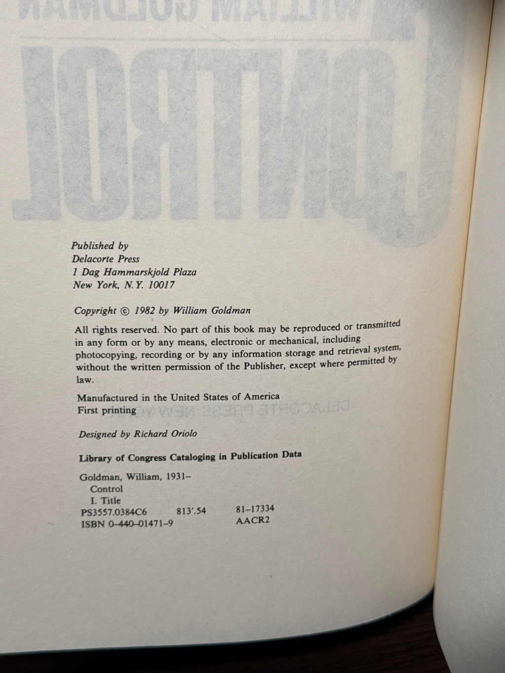 William Goldman — Control (First Edition, 1982, Delacorte Press Hardcover)