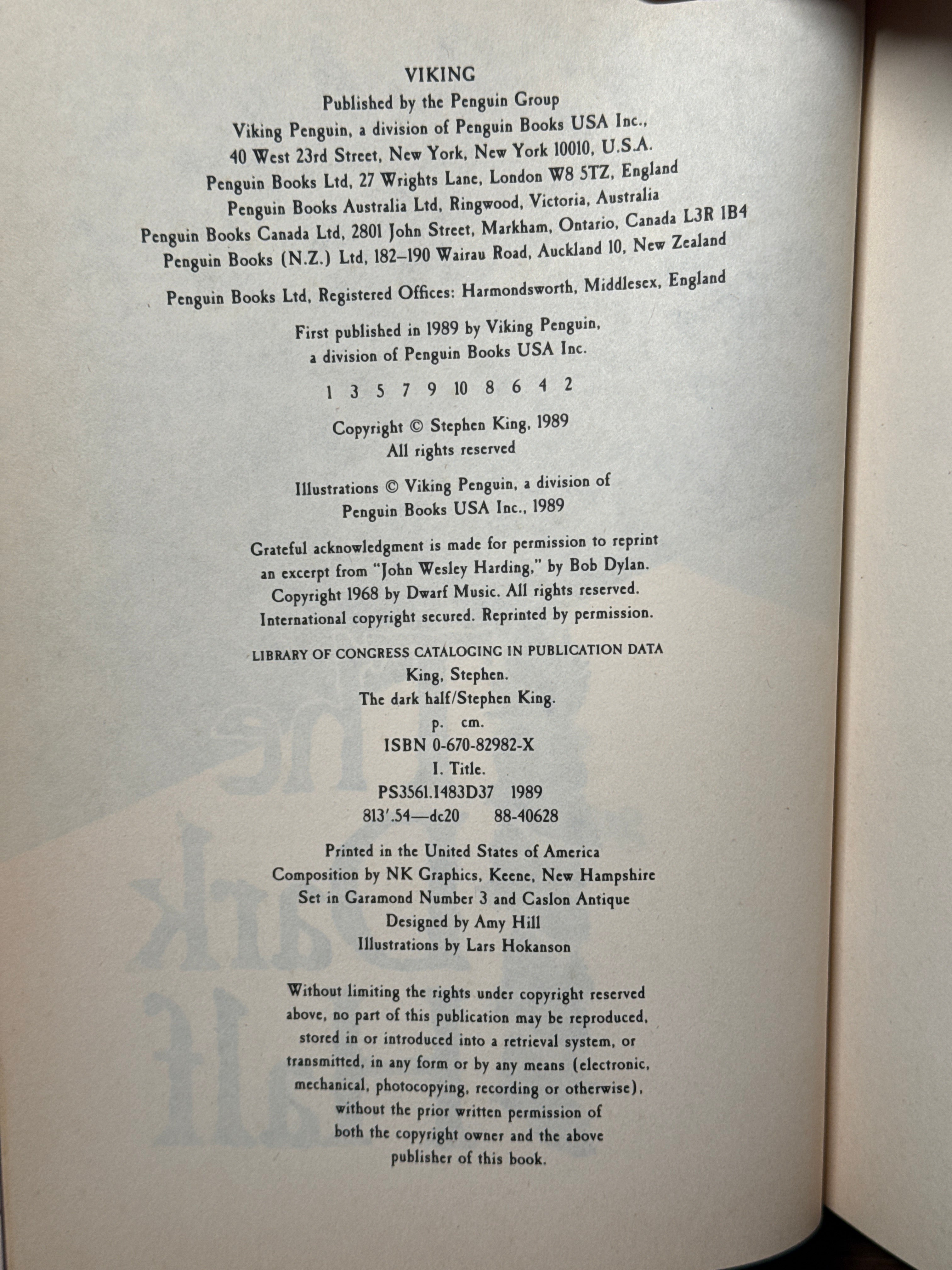 The Dark Half – Stephen King – First Edition First Printing 1989 Viking Hardcover w/DJ