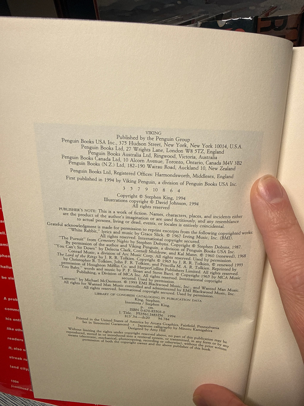 Insomnia by Stephen King | 1994 First Edition, 3rd Printing, Hardcover Horror Novel