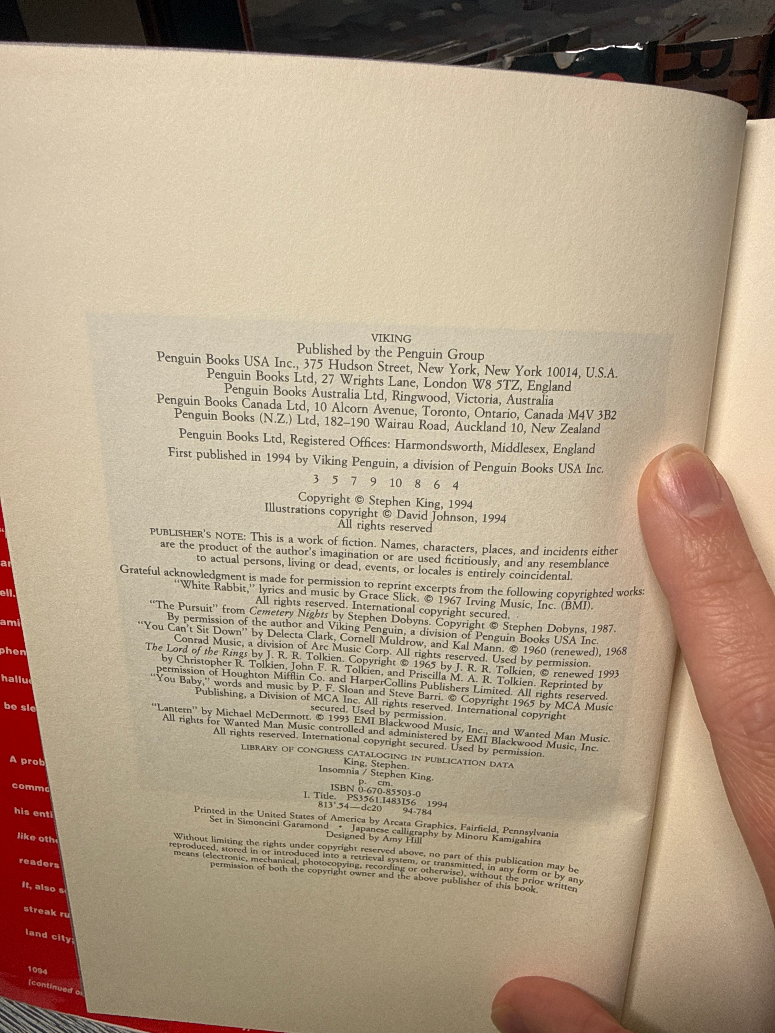 Insomnia by Stephen King | 1994 First Edition, 3rd Printing, Hardcover Horror Novel