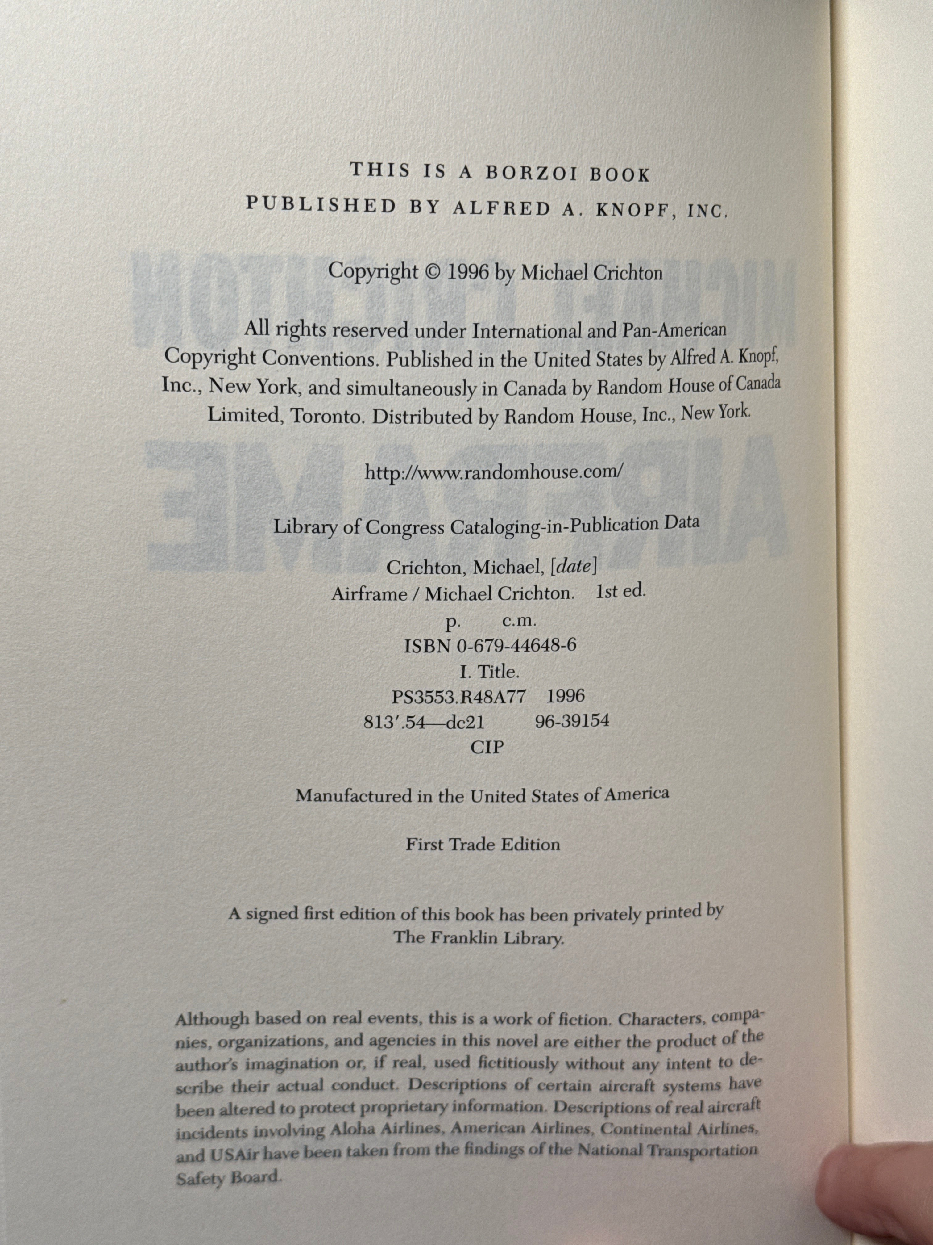 Airframe – Michael Crichton | First Trade Edition Hardcover 1996 | Borzoi Knopf | Inscribed