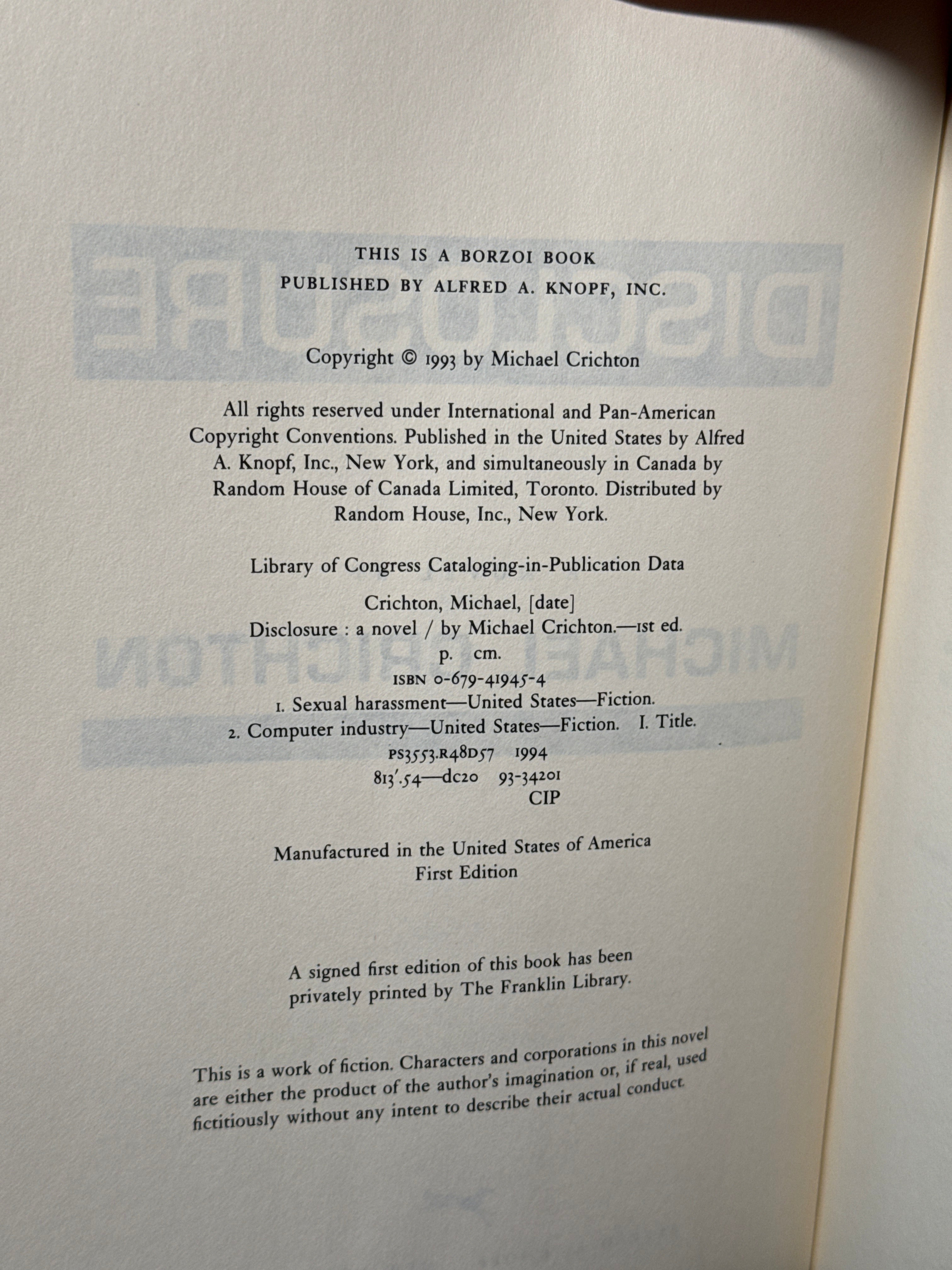 Disclosure – Michael Crichton | First Edition 1994 Hardcover w/ Dust Jacket | Borzoi Knopf