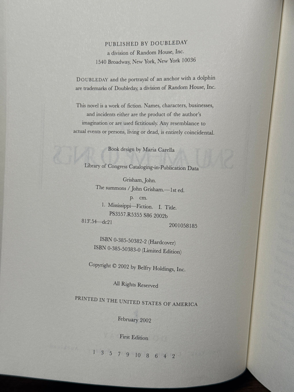 John Grisham — The Summons (First Edition, 2002, Doubleday Hardcover)