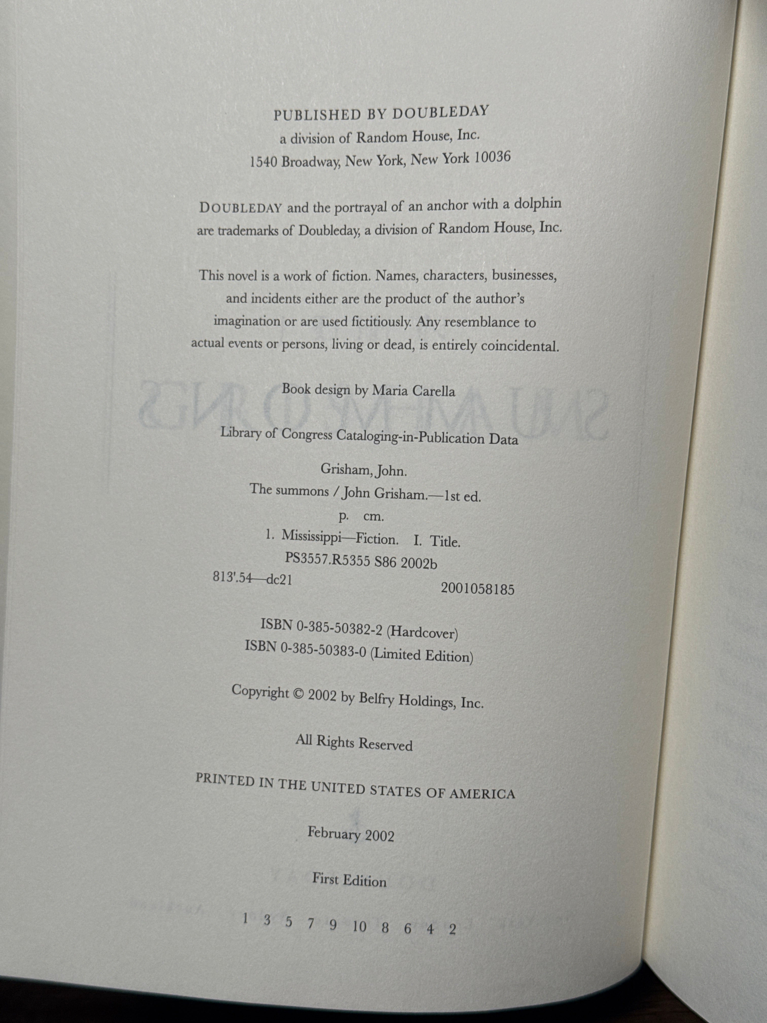 John Grisham — The Summons (First Edition, 2002, Doubleday Hardcover)
