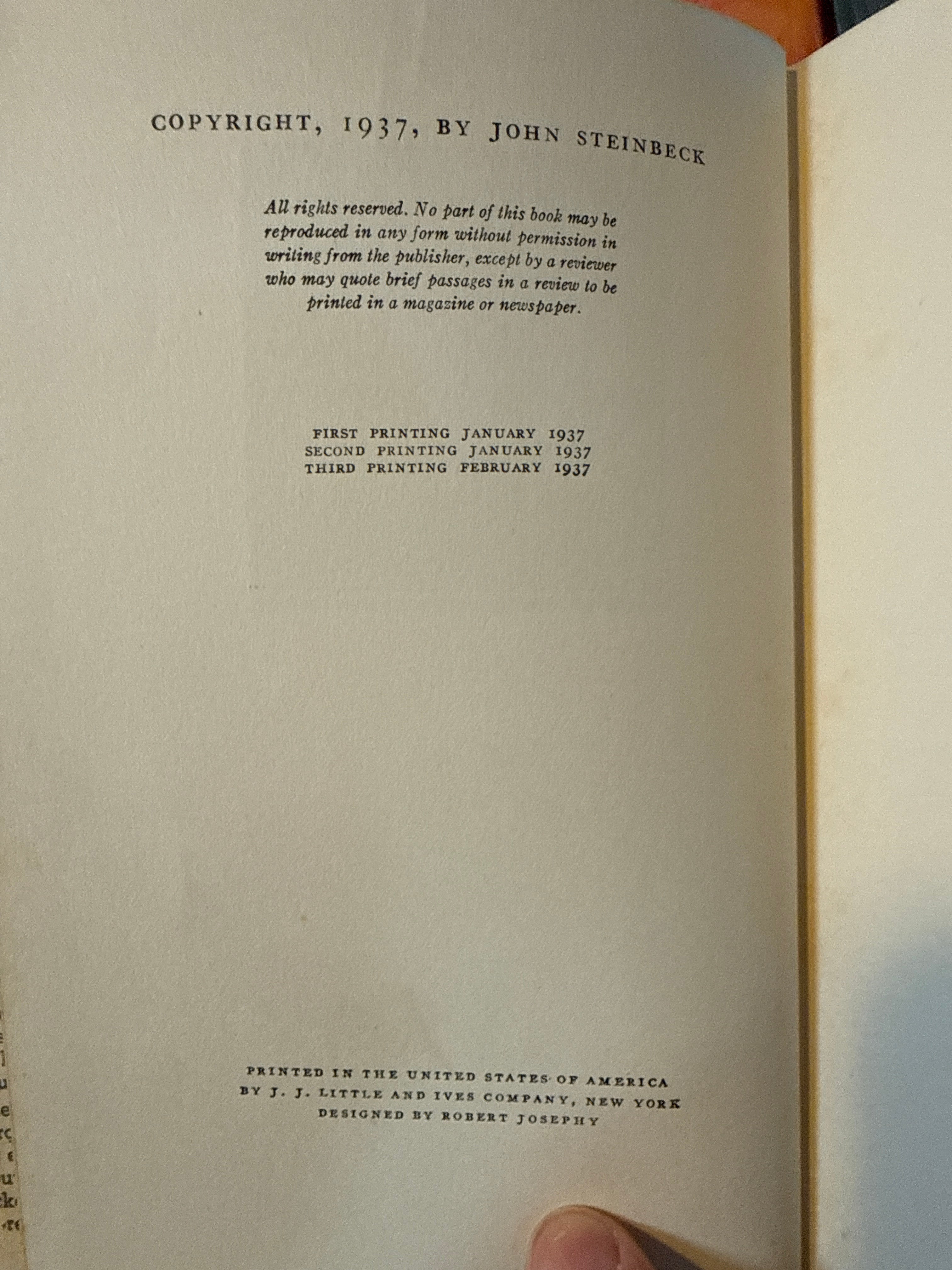 Of Mice and Men by John Steinbeck — Third Printing of the First Edition (1937, Covici Friede, New York)